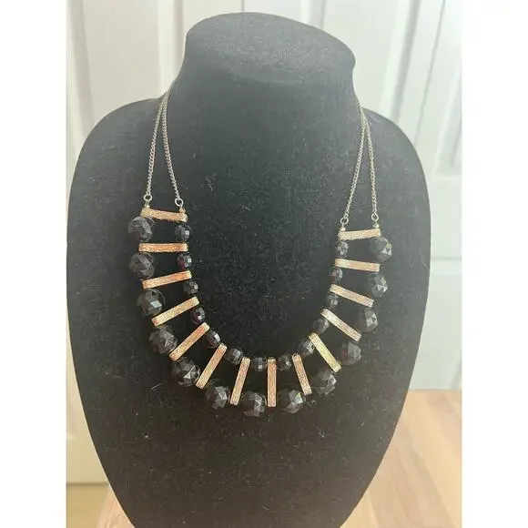 Vintage Black and Gold Tone Necklace Two Strands with Rondelle Beads - Picture 3 of 5